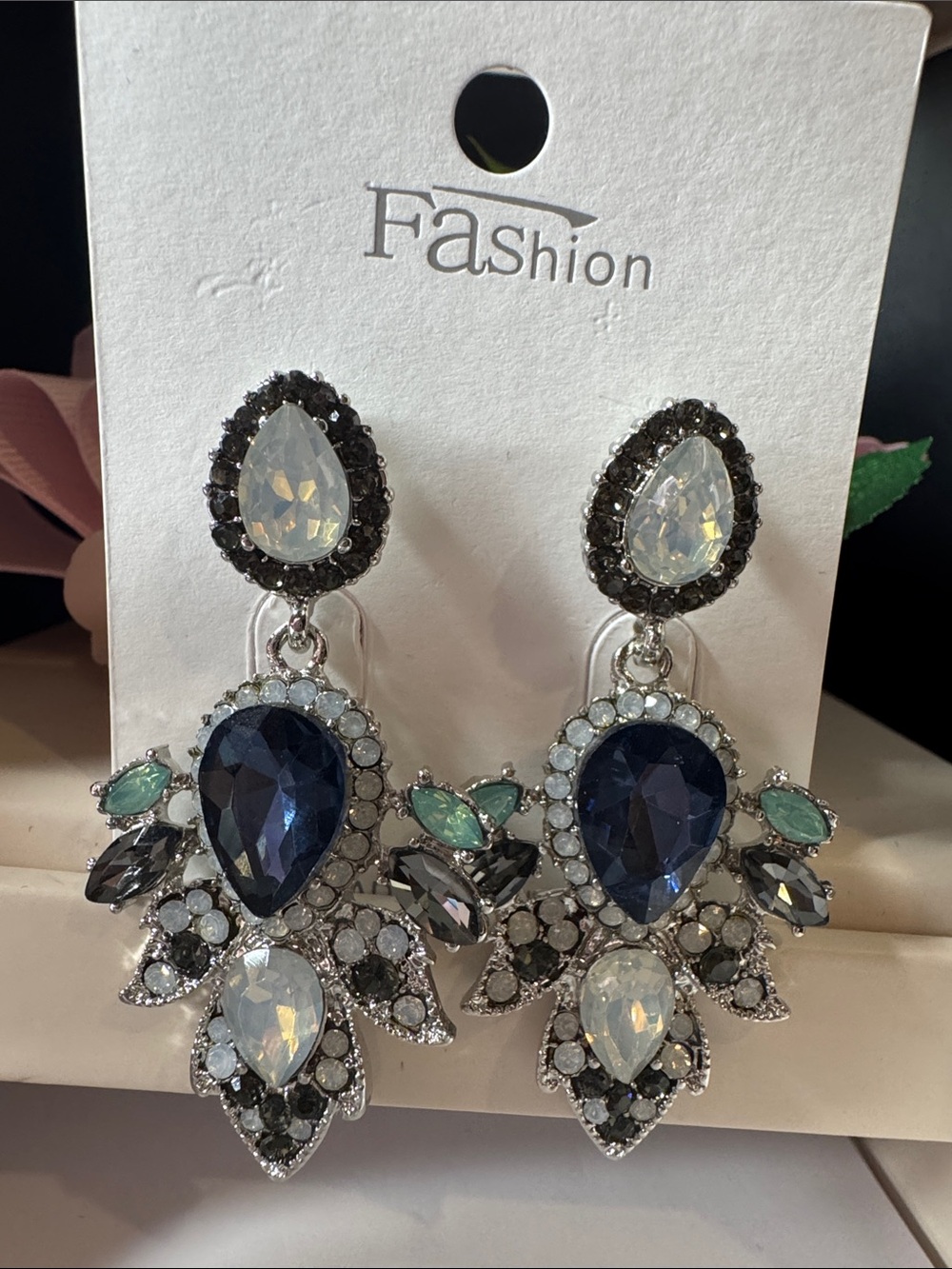 Crystal Teardrop Statement Earrings in Blue and White